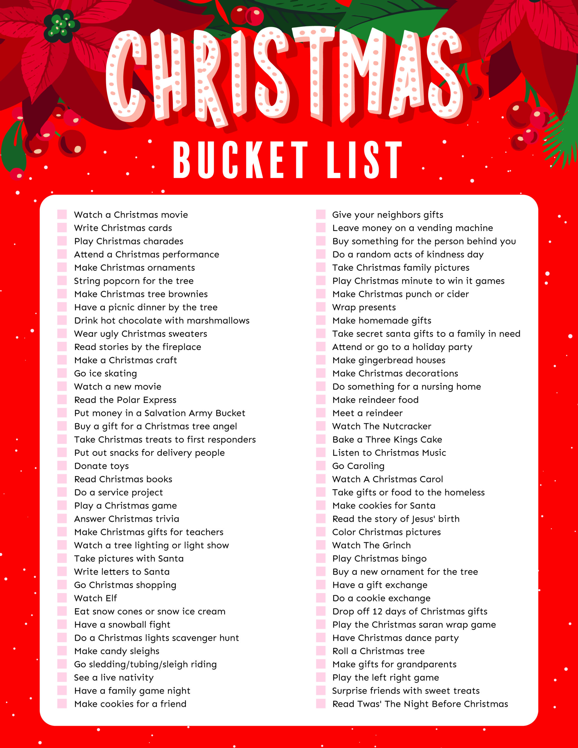 Christmas bucket list with 75 items