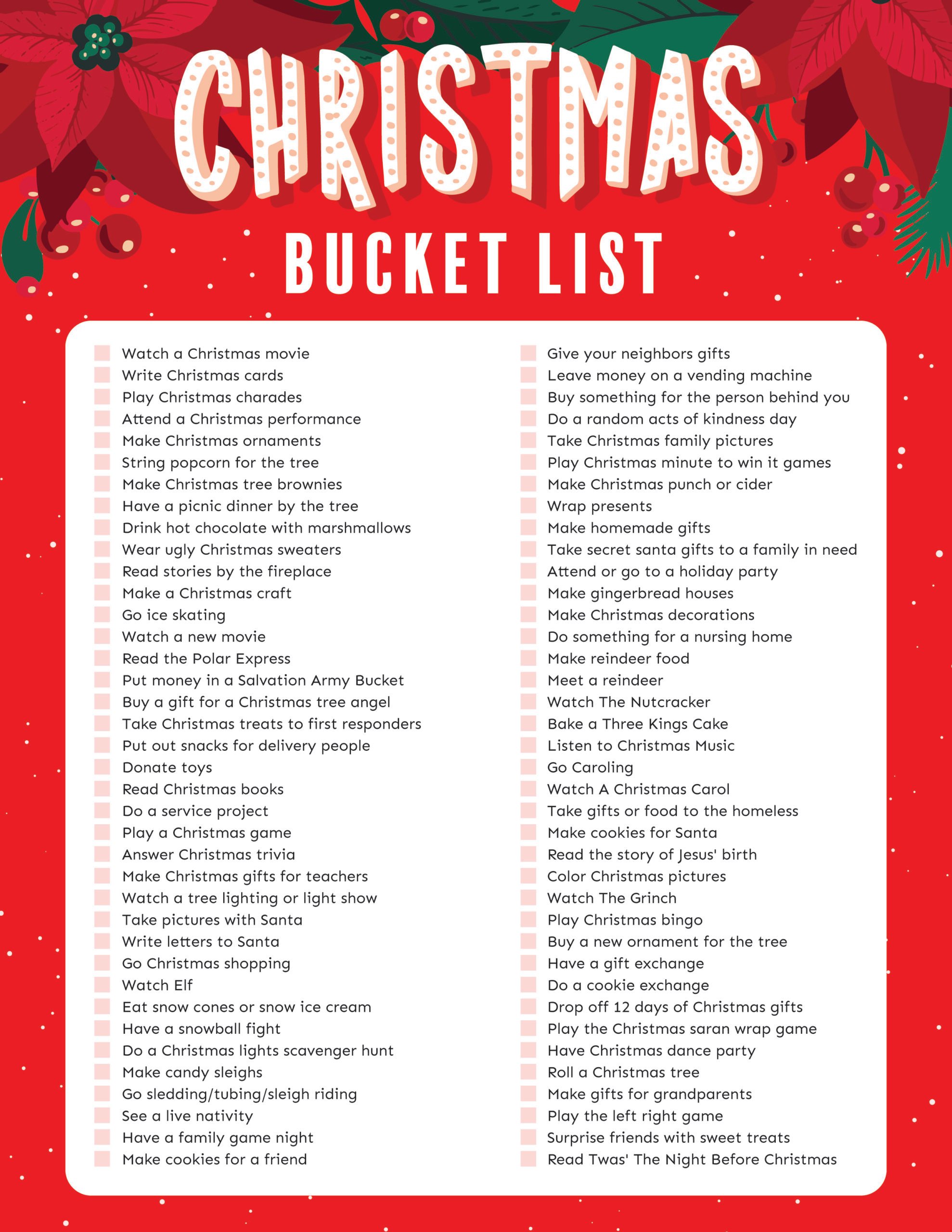 Christmas bucket list with 75 items