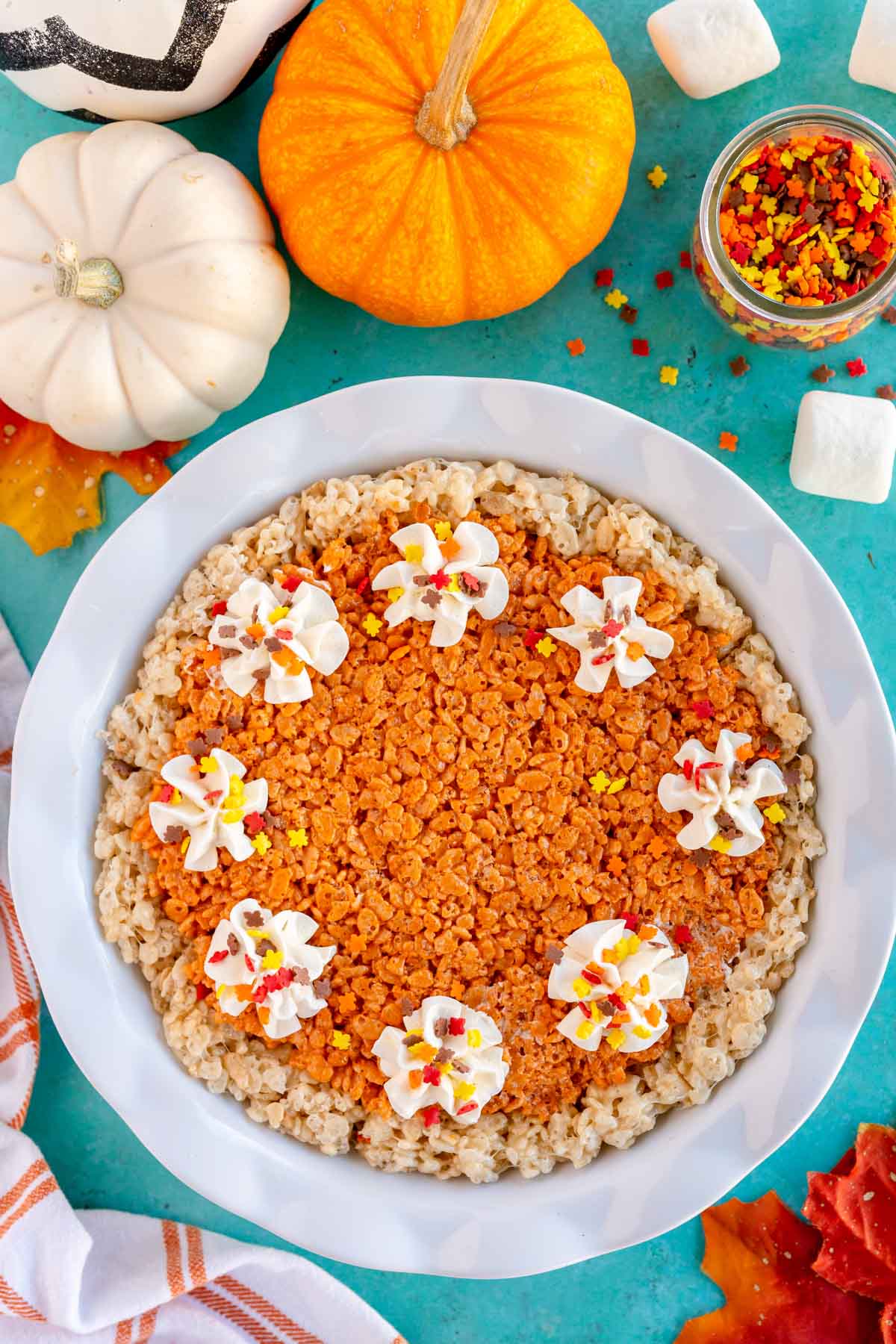 Thanksgiving rice krispie treats in a white pie pan
