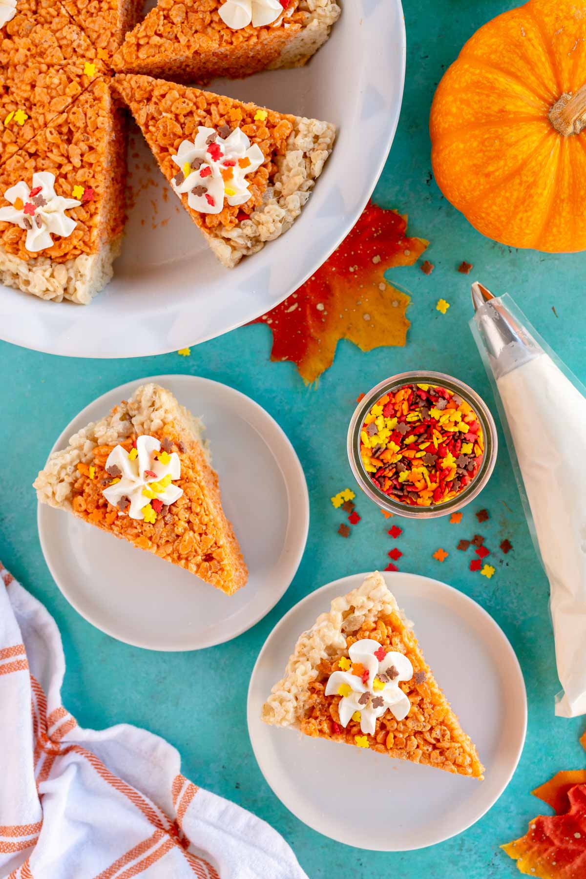 top down view of pumpkin pie rice krispie treats