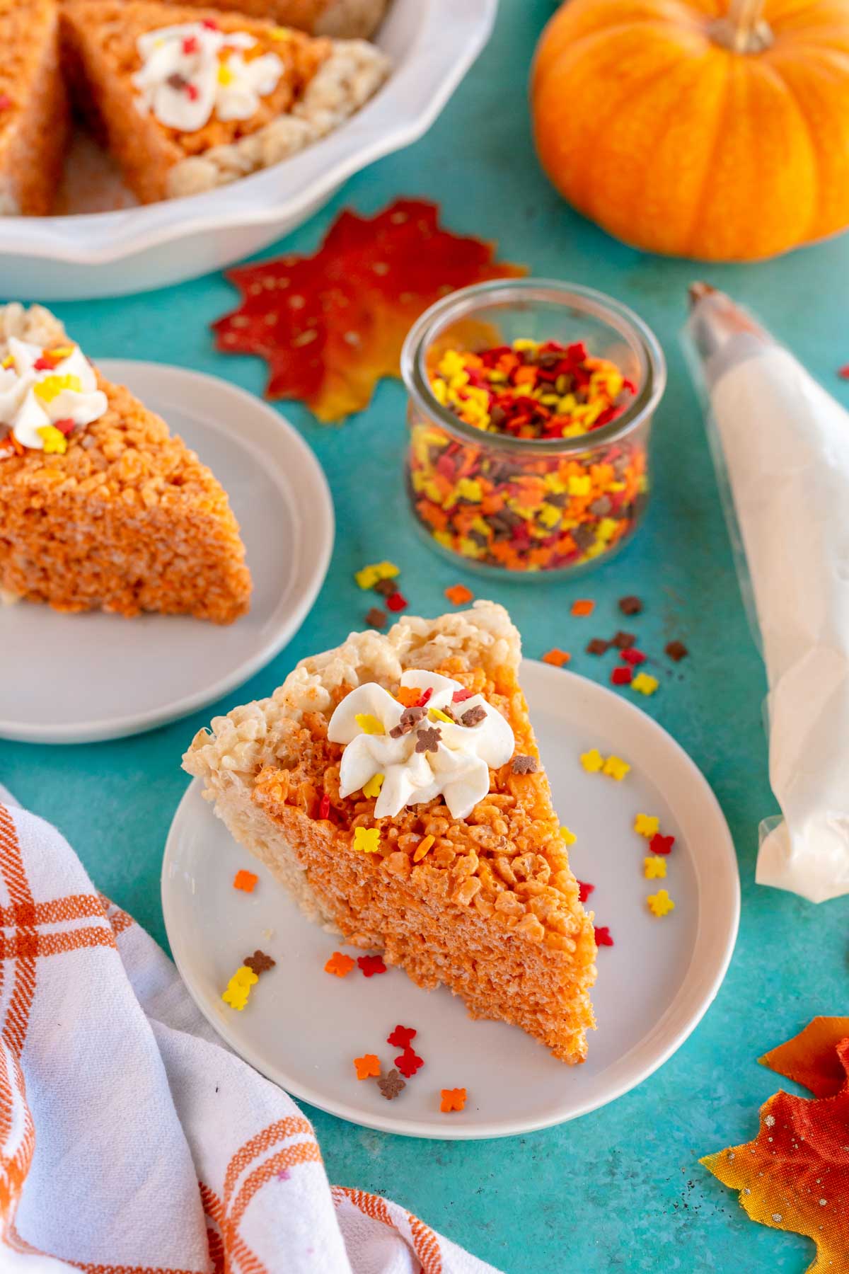 two Thanksgiving rice krispie treats that look like pie