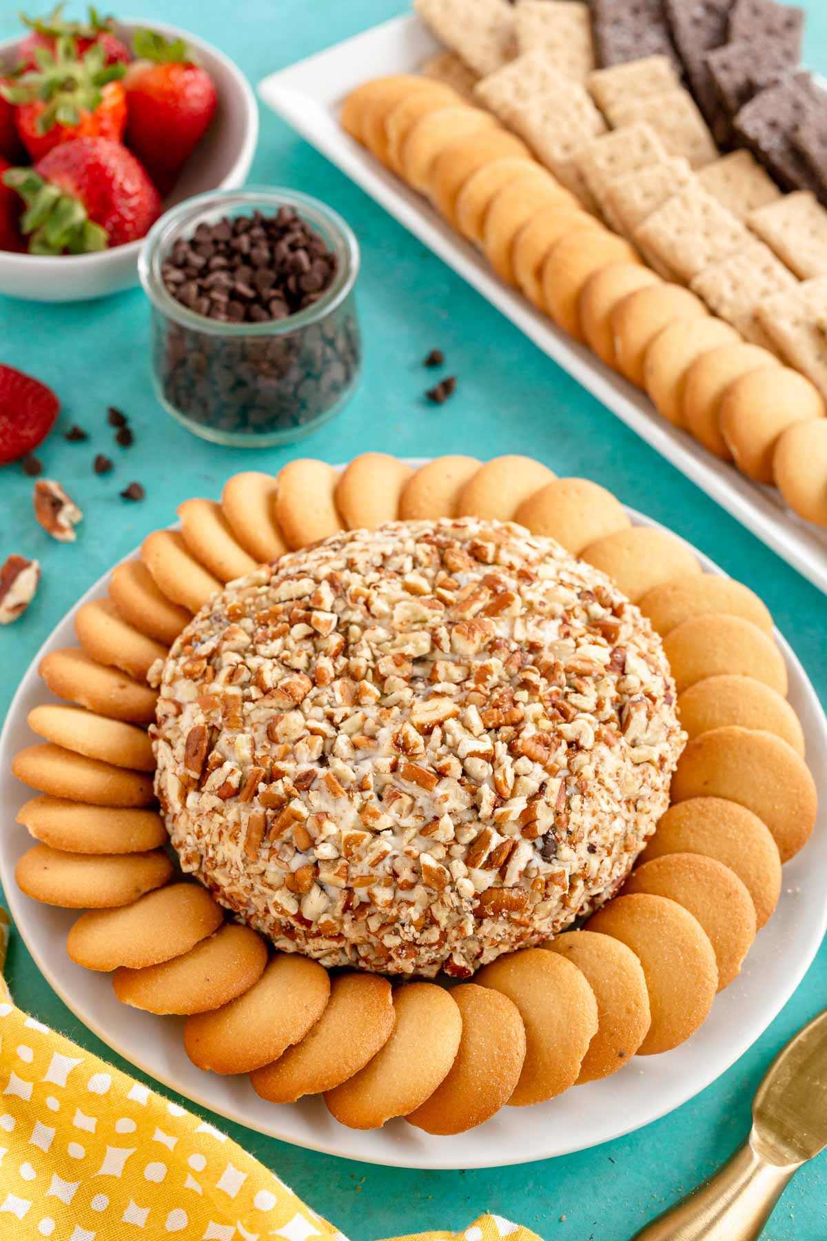 chocolate chip cheese ball surrounded by Vanilla Wafers
