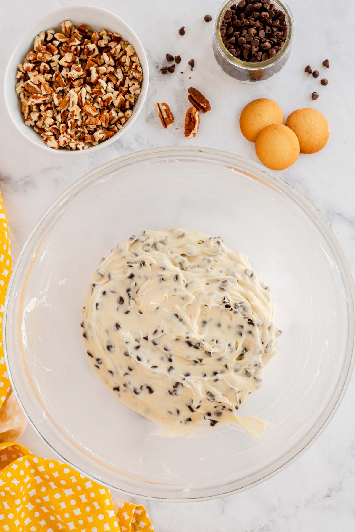 chocolate chip cheese ball in a glass bowl