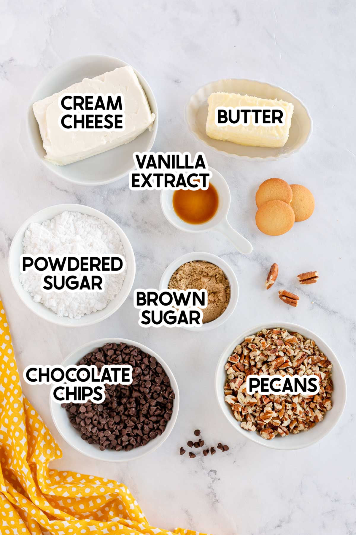 ingredients for chocolate chip cheese ball with labels