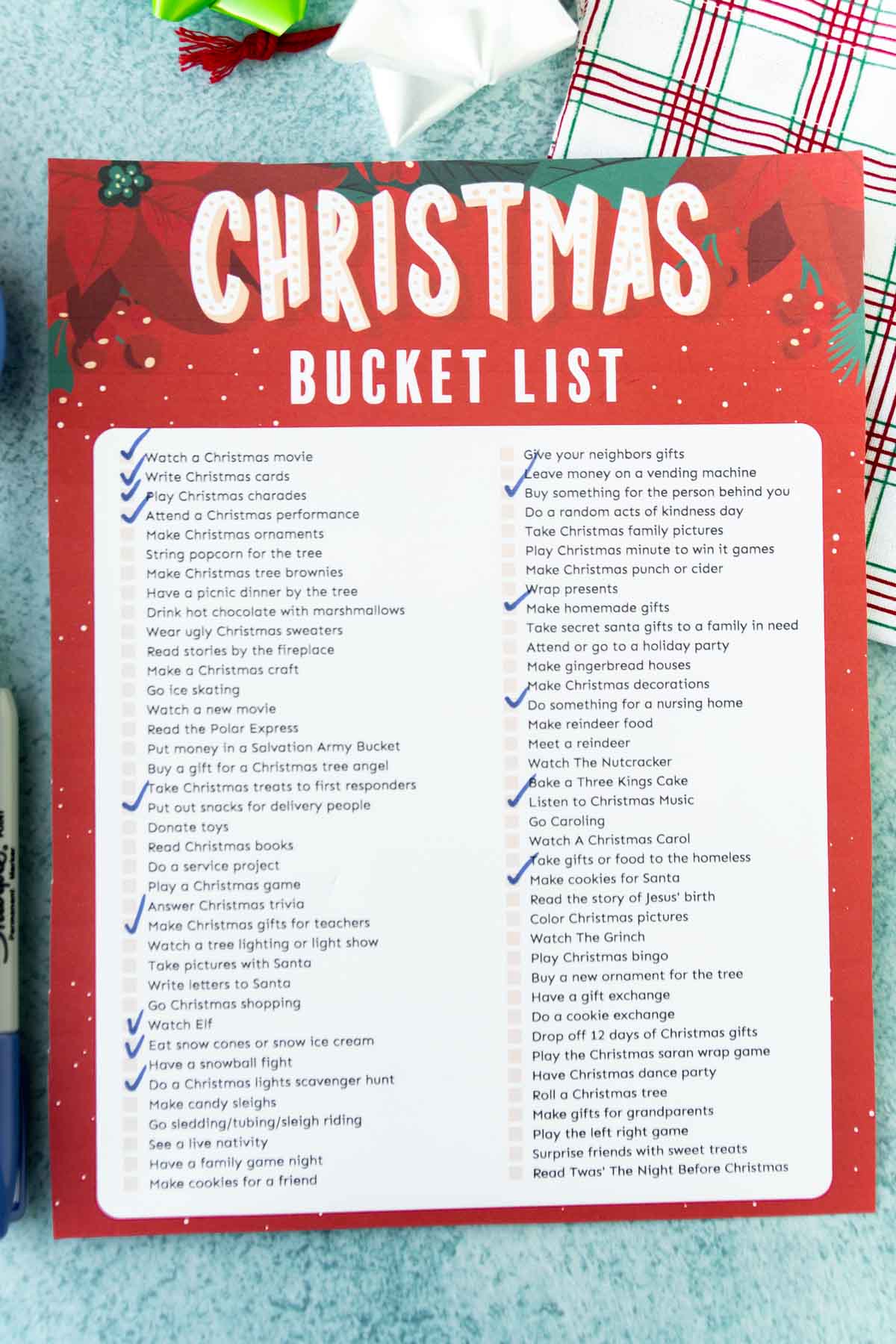 Christmas bucket list with things crossed off