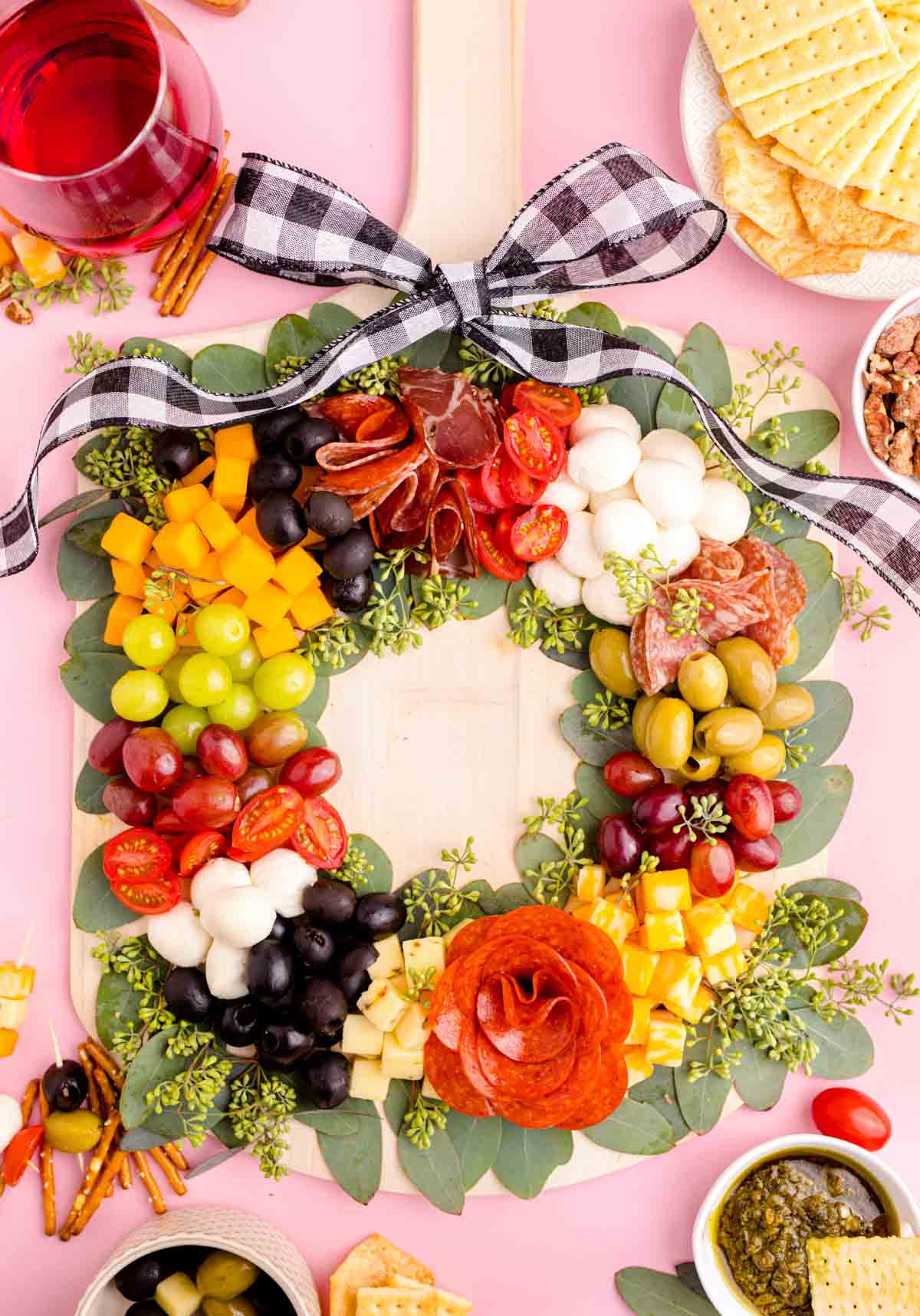 Christmas charcuterie board in the shape of a wreath