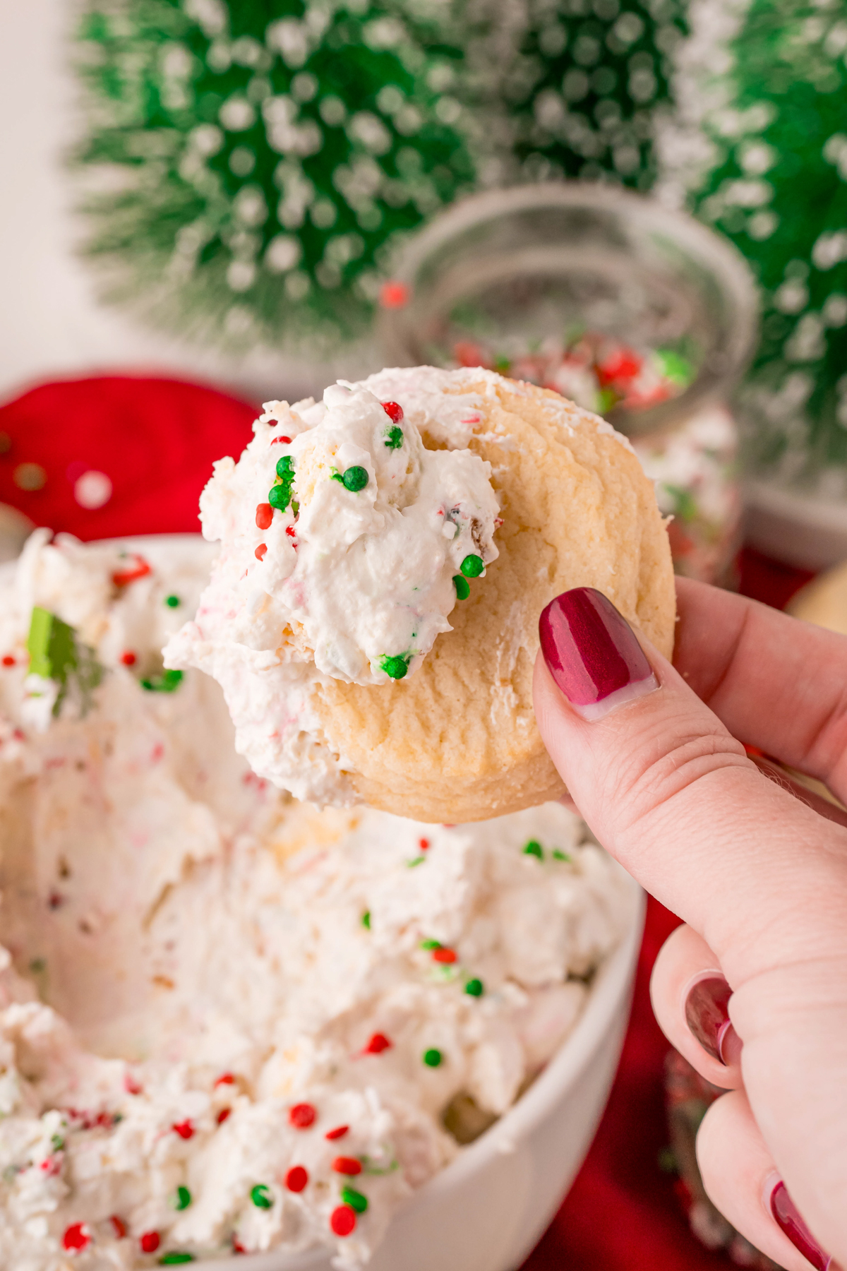 hand holding a sugar cookie dipped in Christmas tree cake dip
