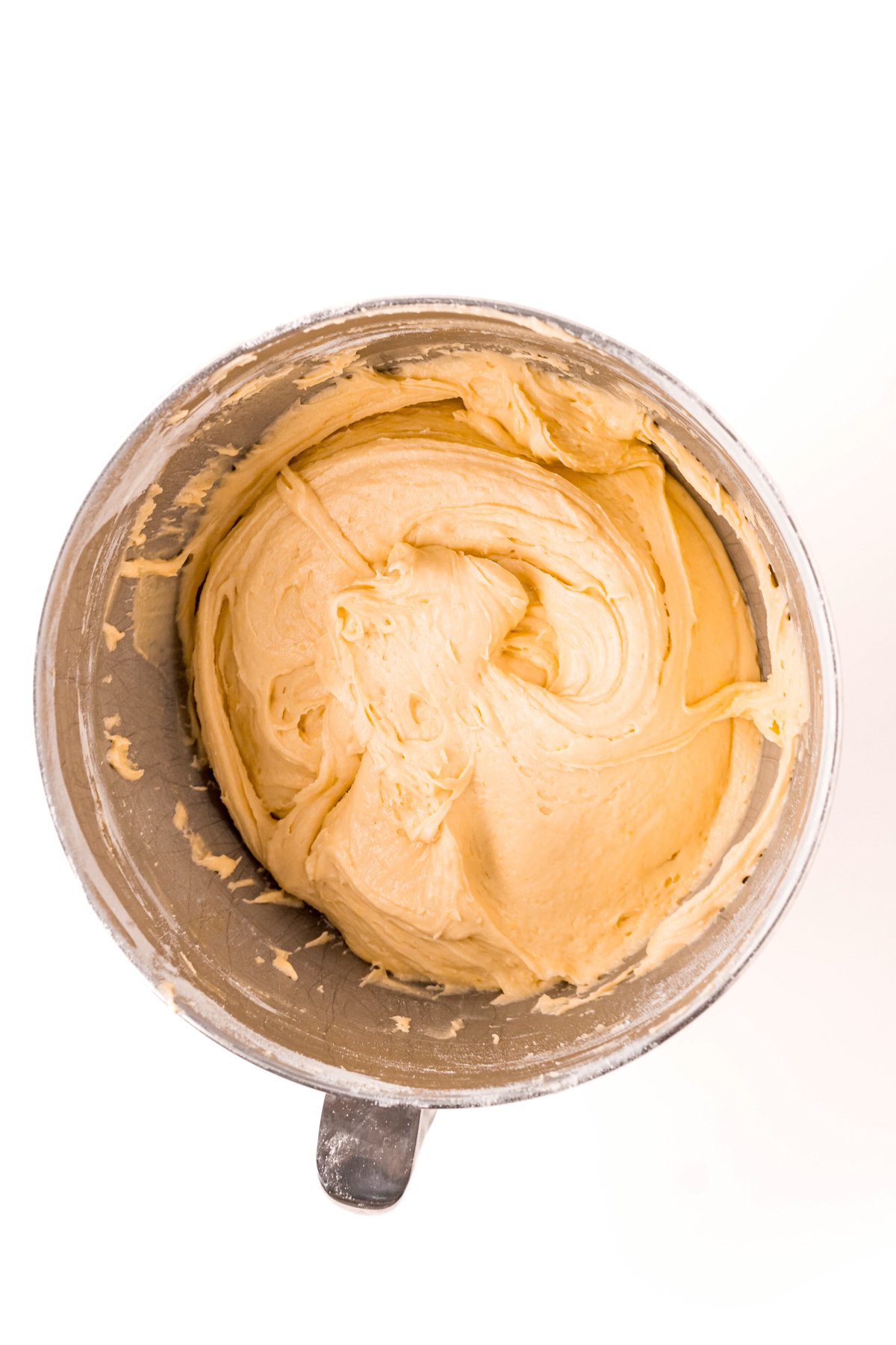 batter for eggnog pound cake in a metal bowl