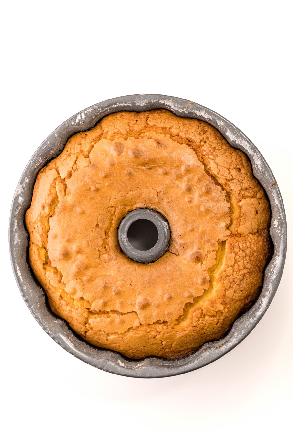 baked eggnog pound cake in a bundt cake pan