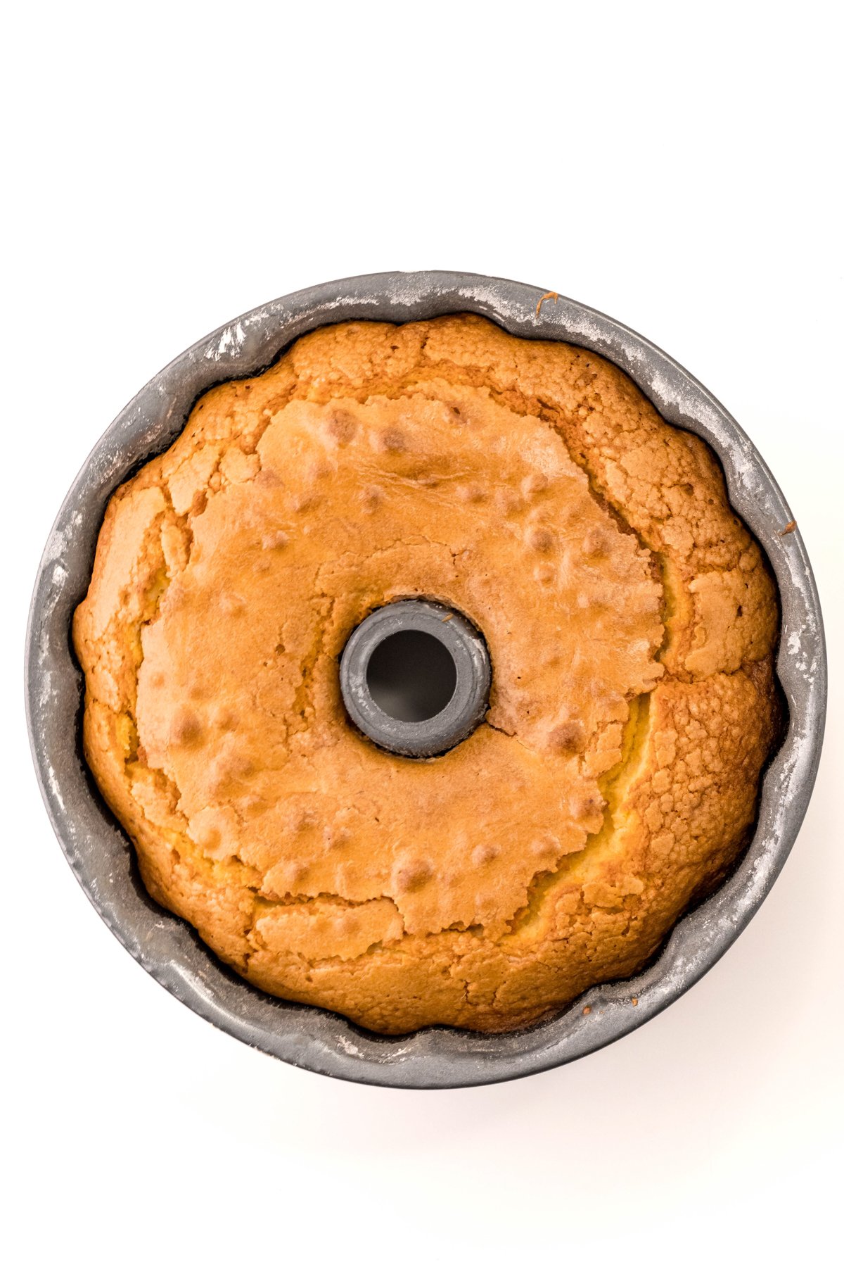 baked eggnog pound cake in a bundt cake pan