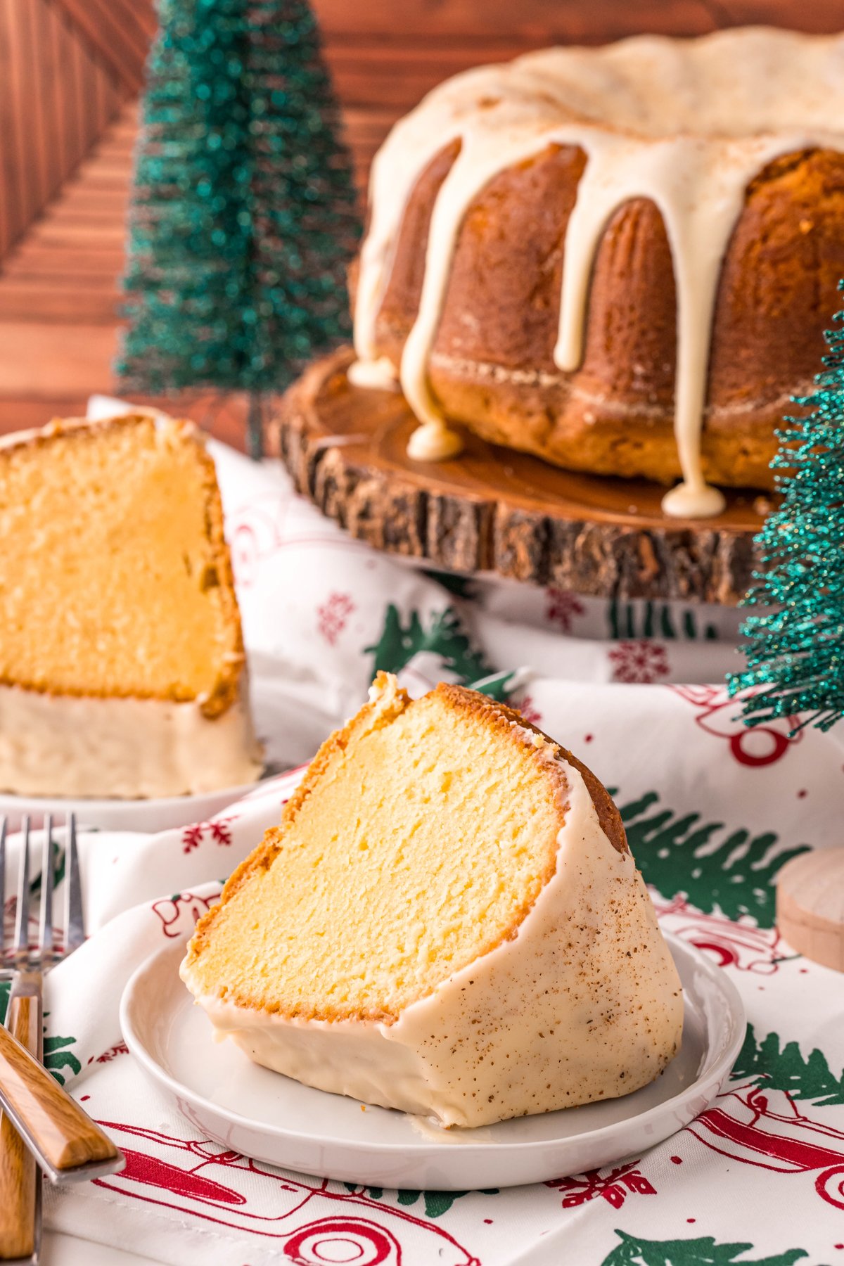 piece of sliced eggnog pound cake on a white plate