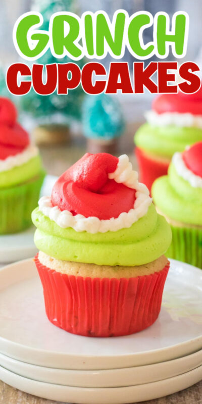grinch cupcakes on white plates