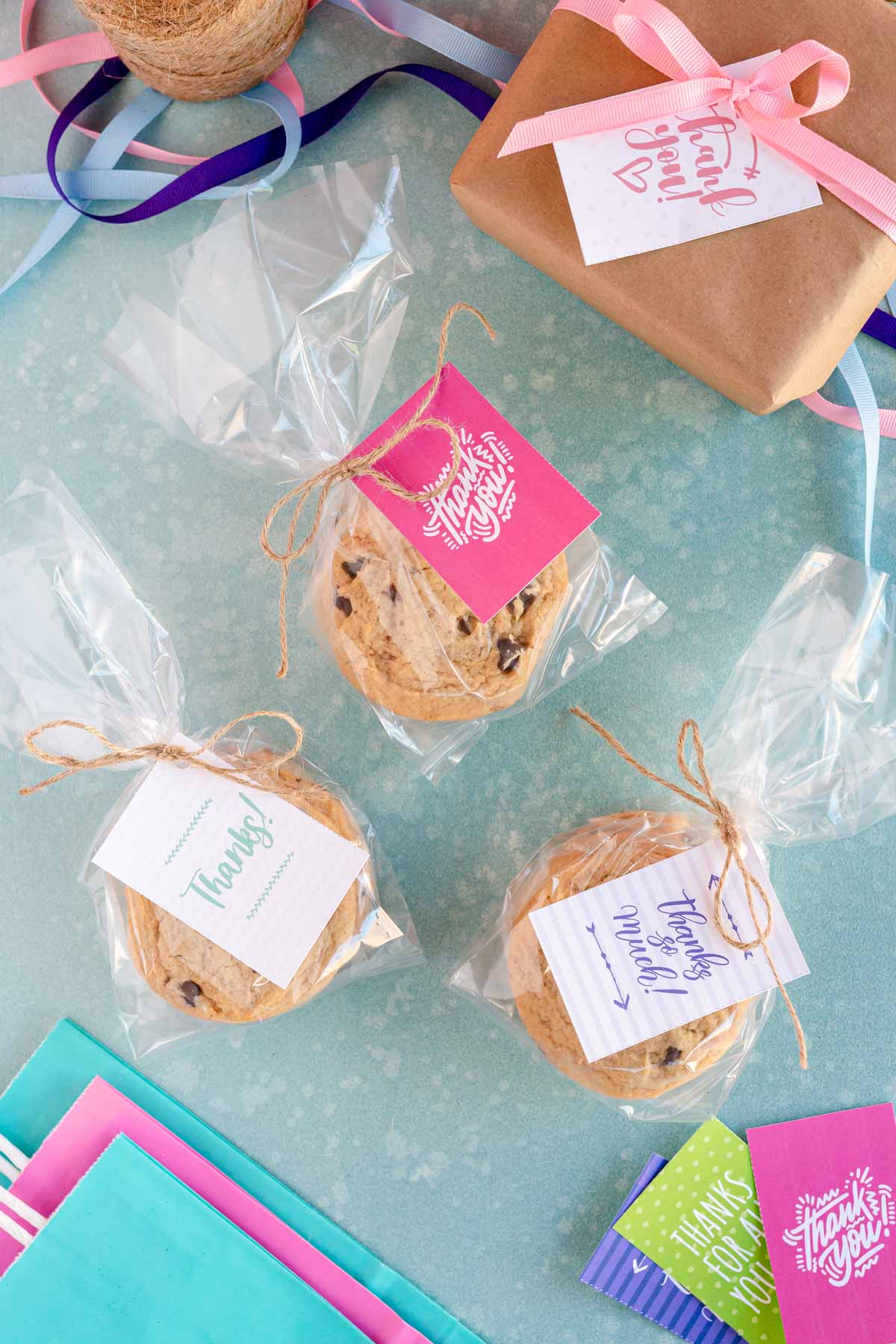 bagged chocolate chip cookies with thank you tags
