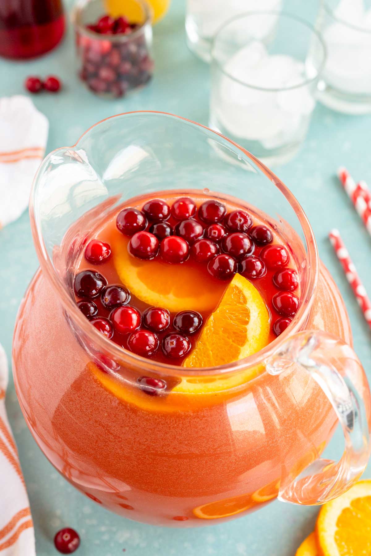 pitcher of Thanksgiving punch from a top down view