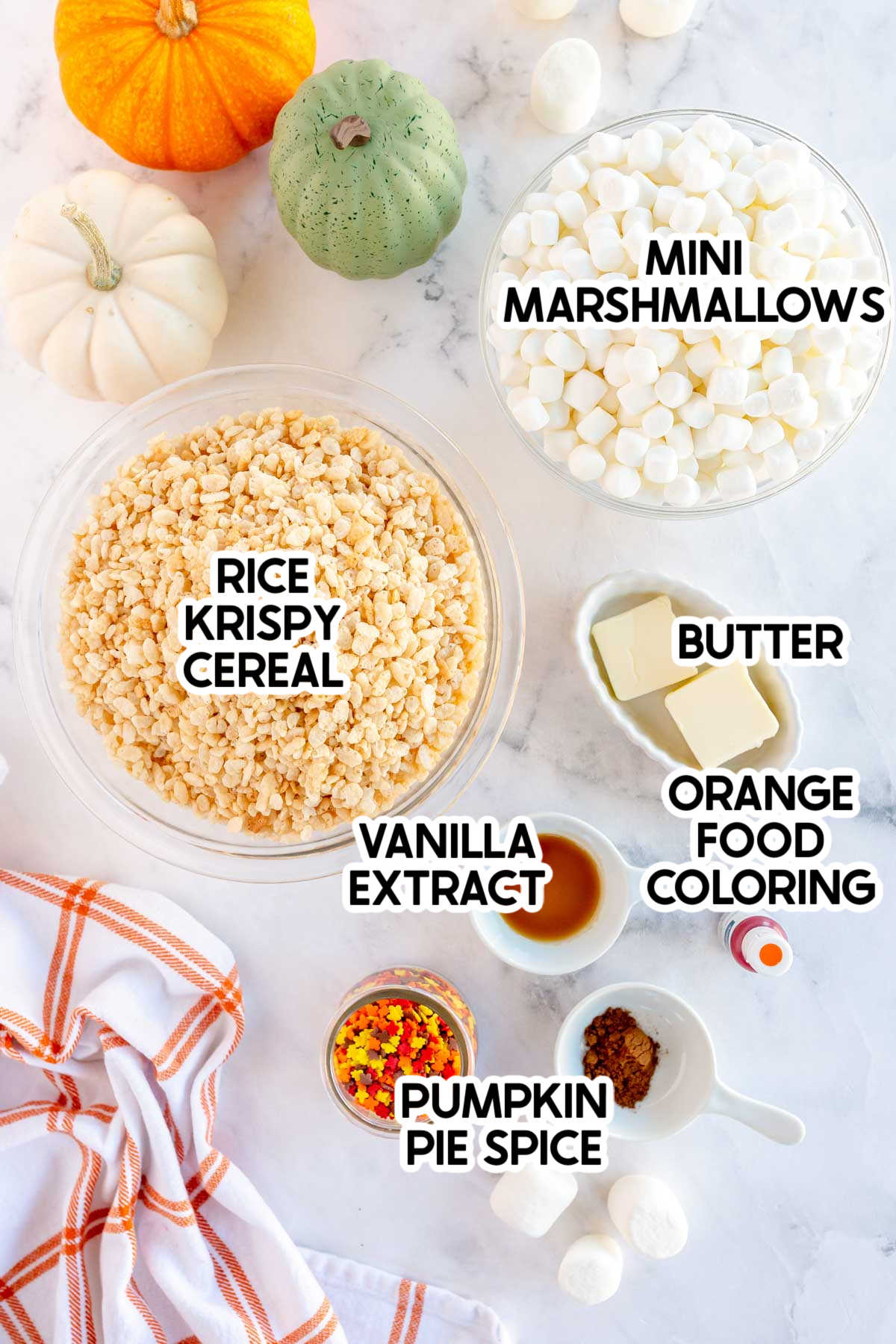 ingredients for Thanksgiving rice krispie treats with labels