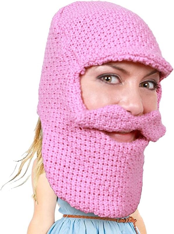 woman wearing a pink beard beanie