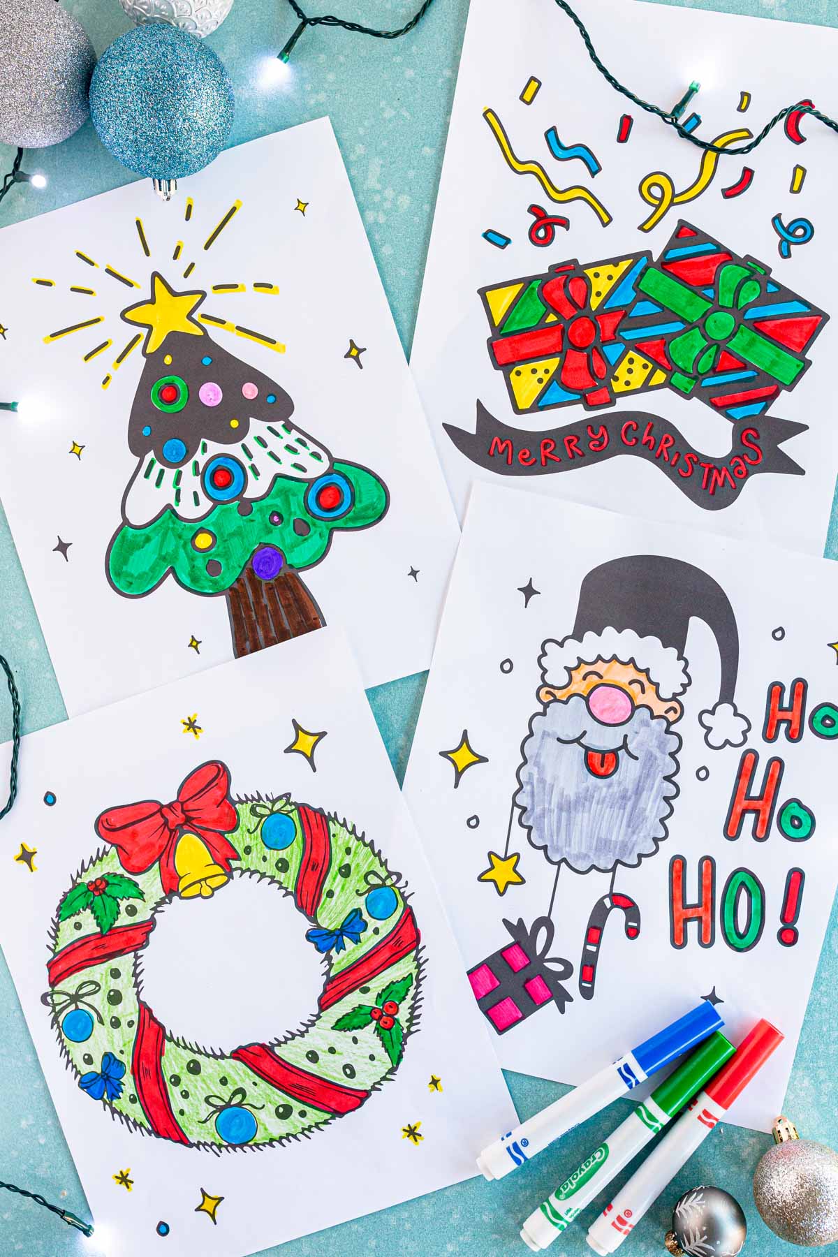 Four colored in Christmas coloring pages