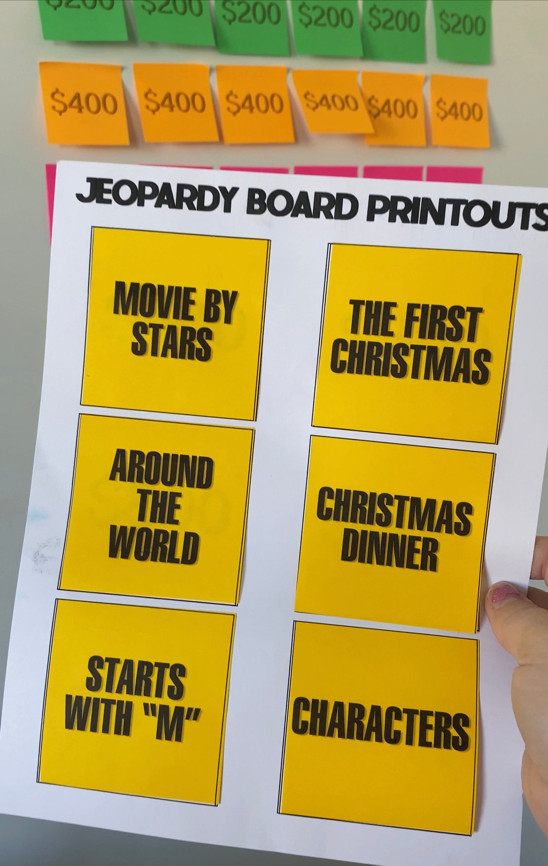 printed out Jeopardy categories on post-it notes