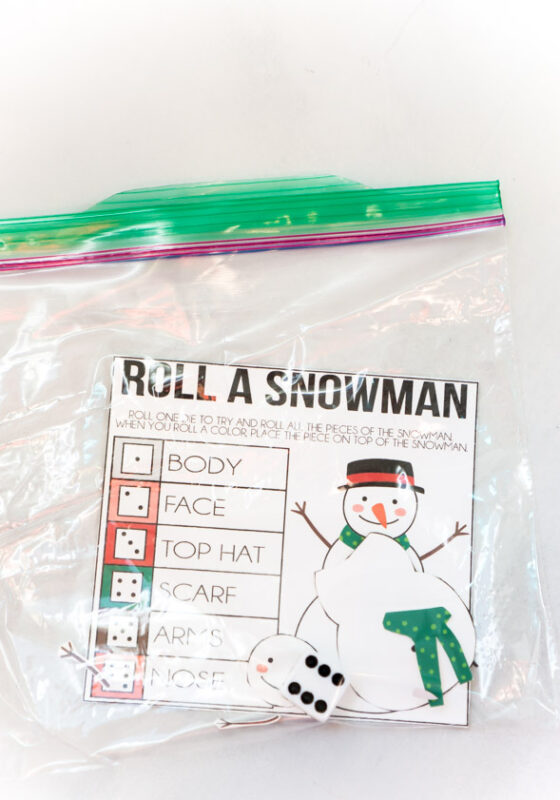 roll a snowman game in a ziploc bag