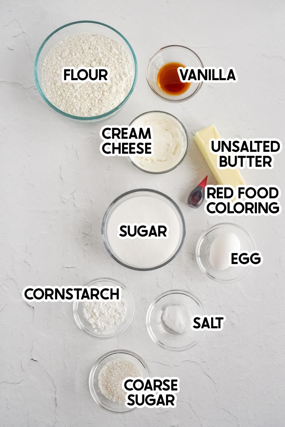 ingredients for candy cane cookies with labels