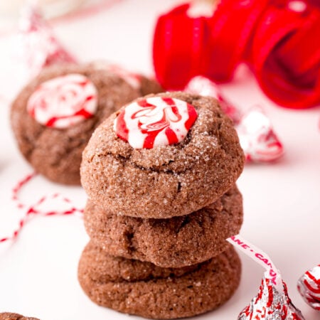 stack of chocolate peppermint thumbprint cookies