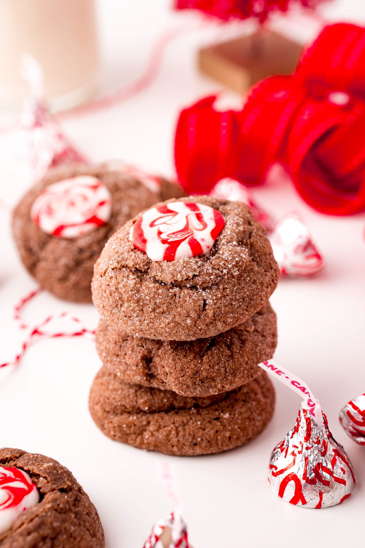 stack of chocolate peppermint thumbprint cookies
