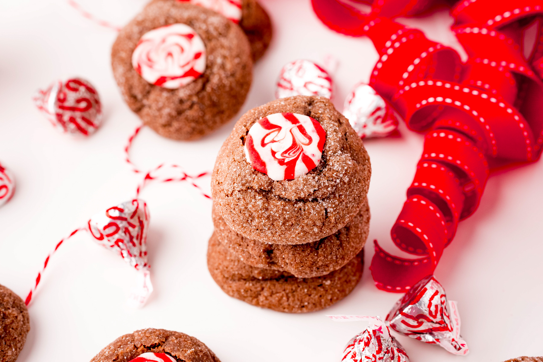 chocolate peppermint thumbprint cookies stacked
