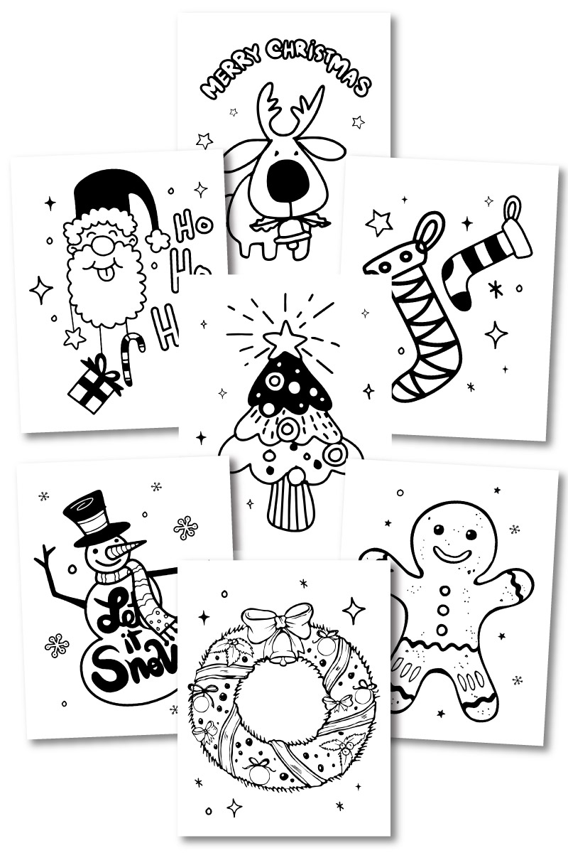 A stack of black and white Christmas coloring pages