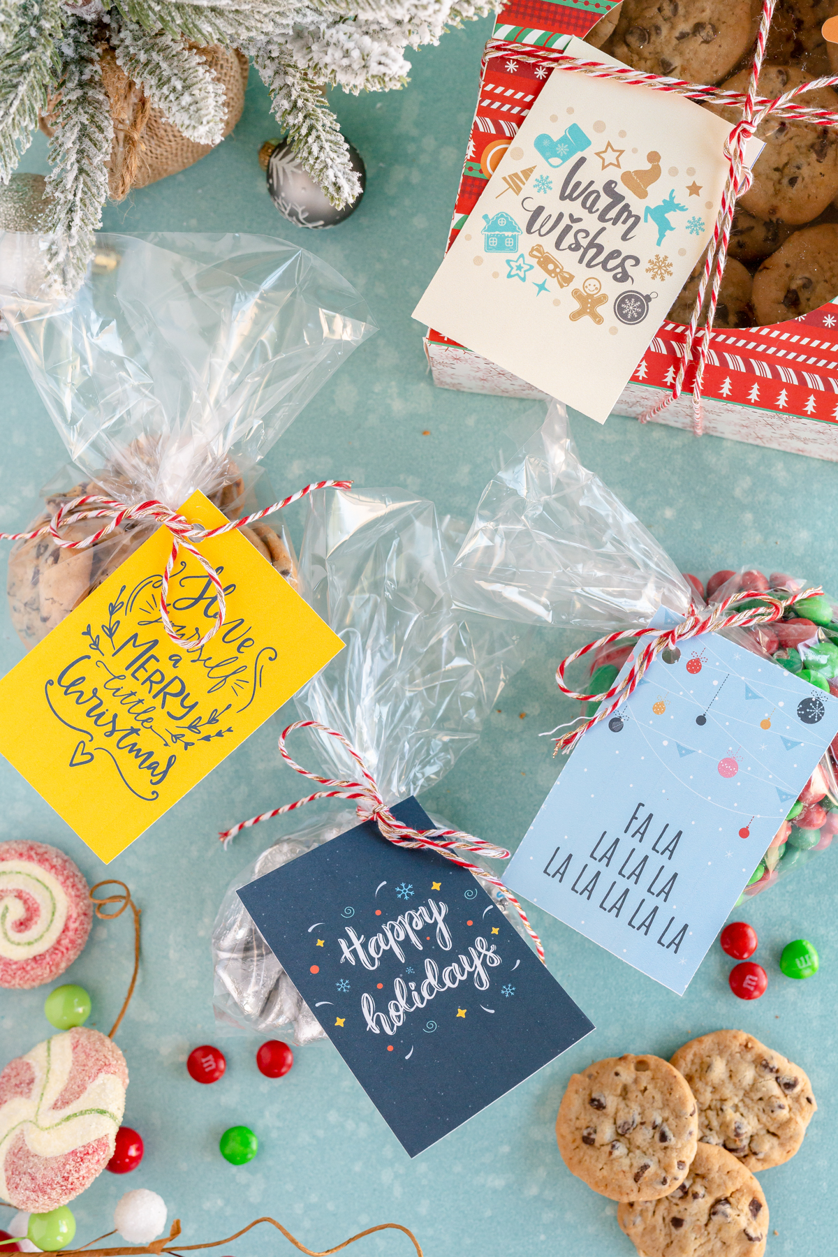 a variety of gifts with printable Christmas gift tags
