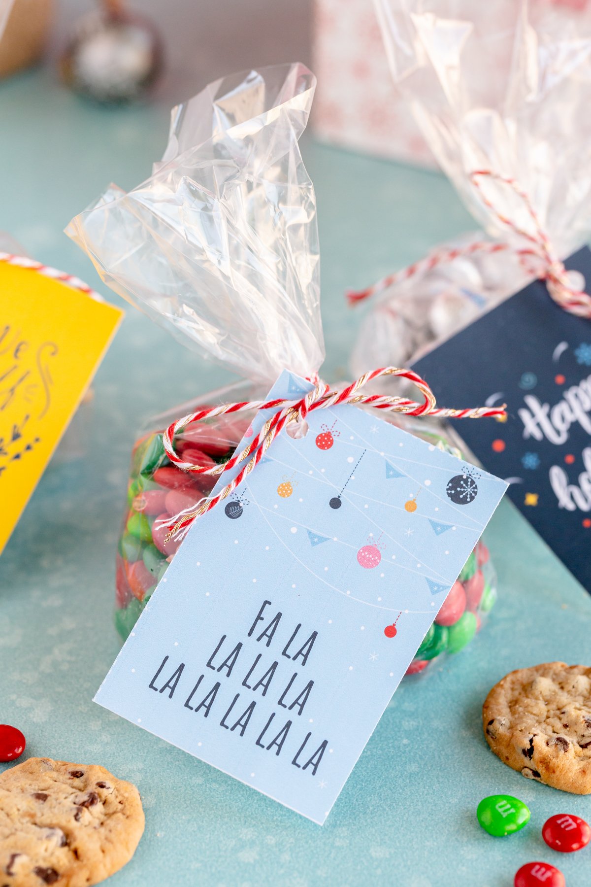 Bag of cookies with fa la la gift tag