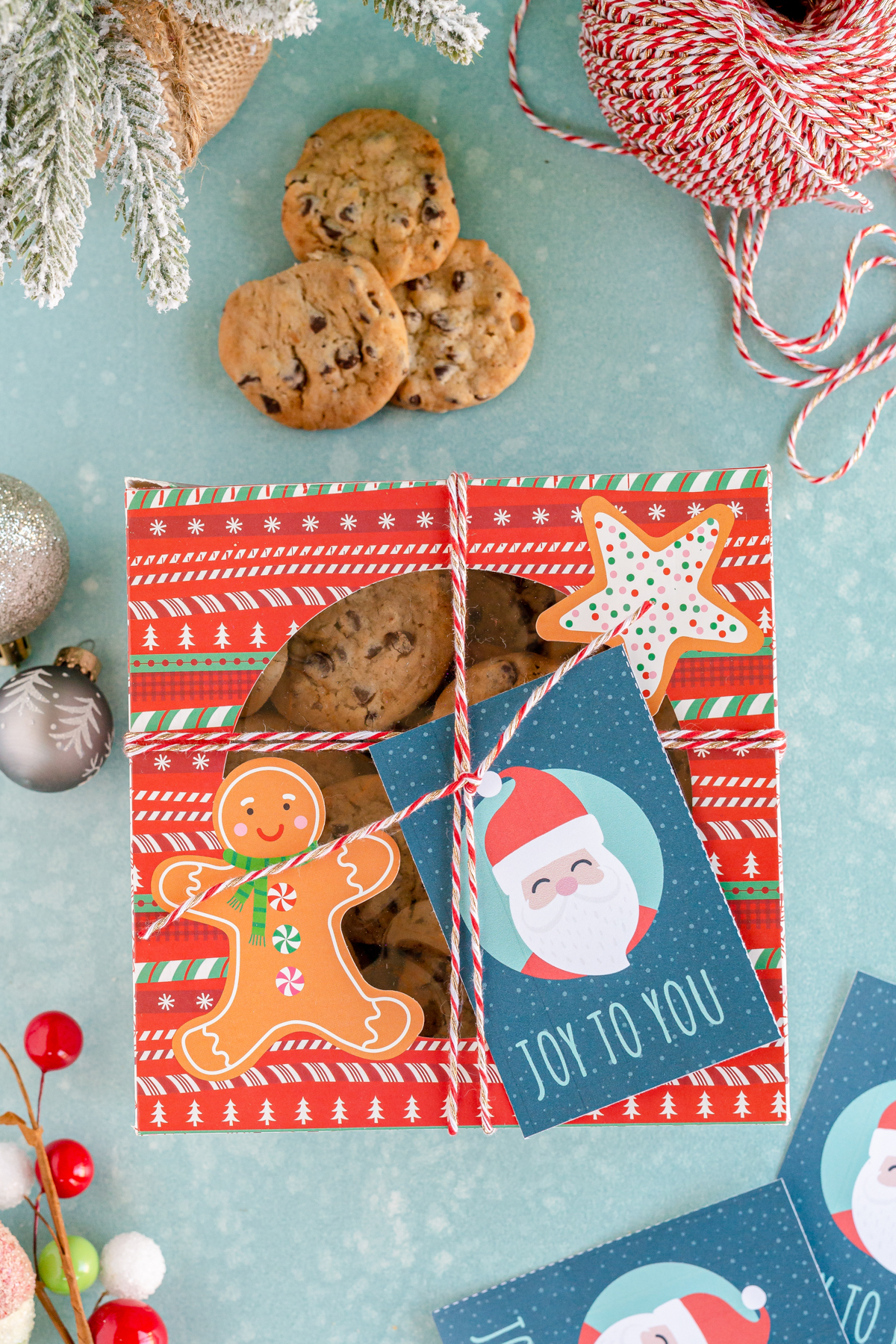 box of cookies with a Christmas gift tag