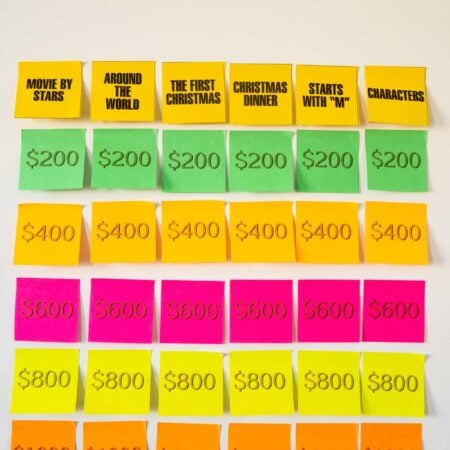 Christmas Jeopardy board made out of post-it notes