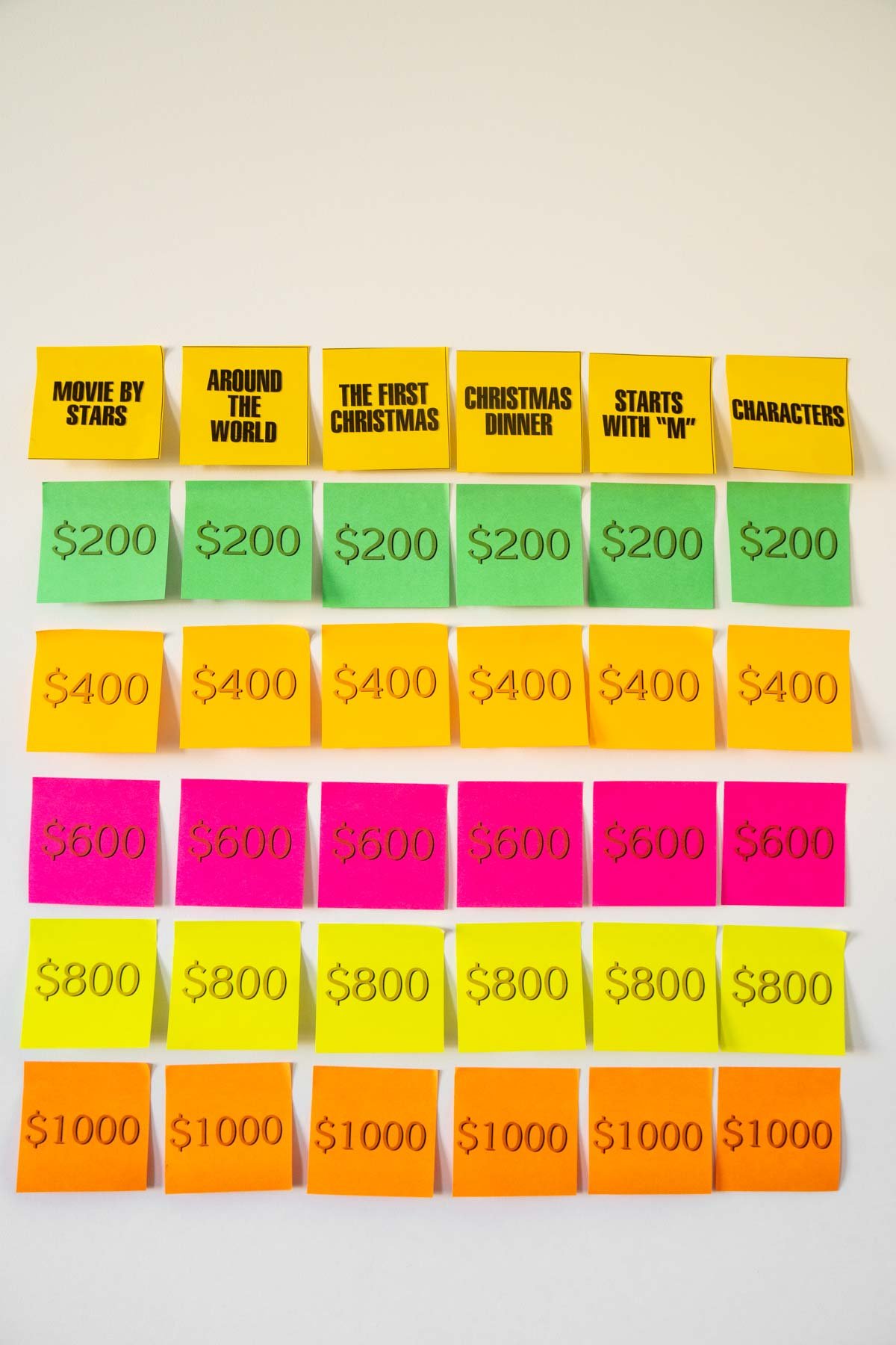 Christmas Jeopardy board made out of post-it notes