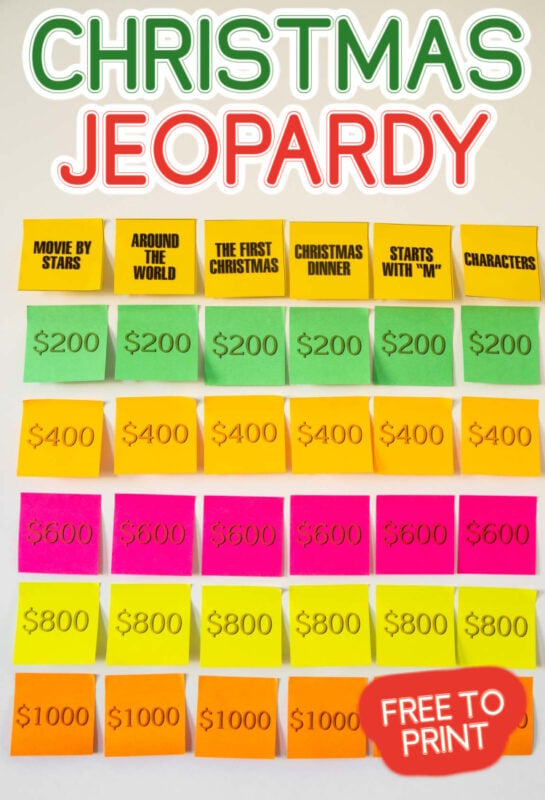 Christmas Jeopardy board made out of post-it notes