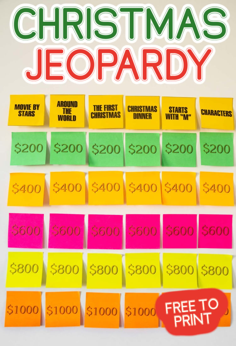 Christmas Jeopardy board made out of post-it notes