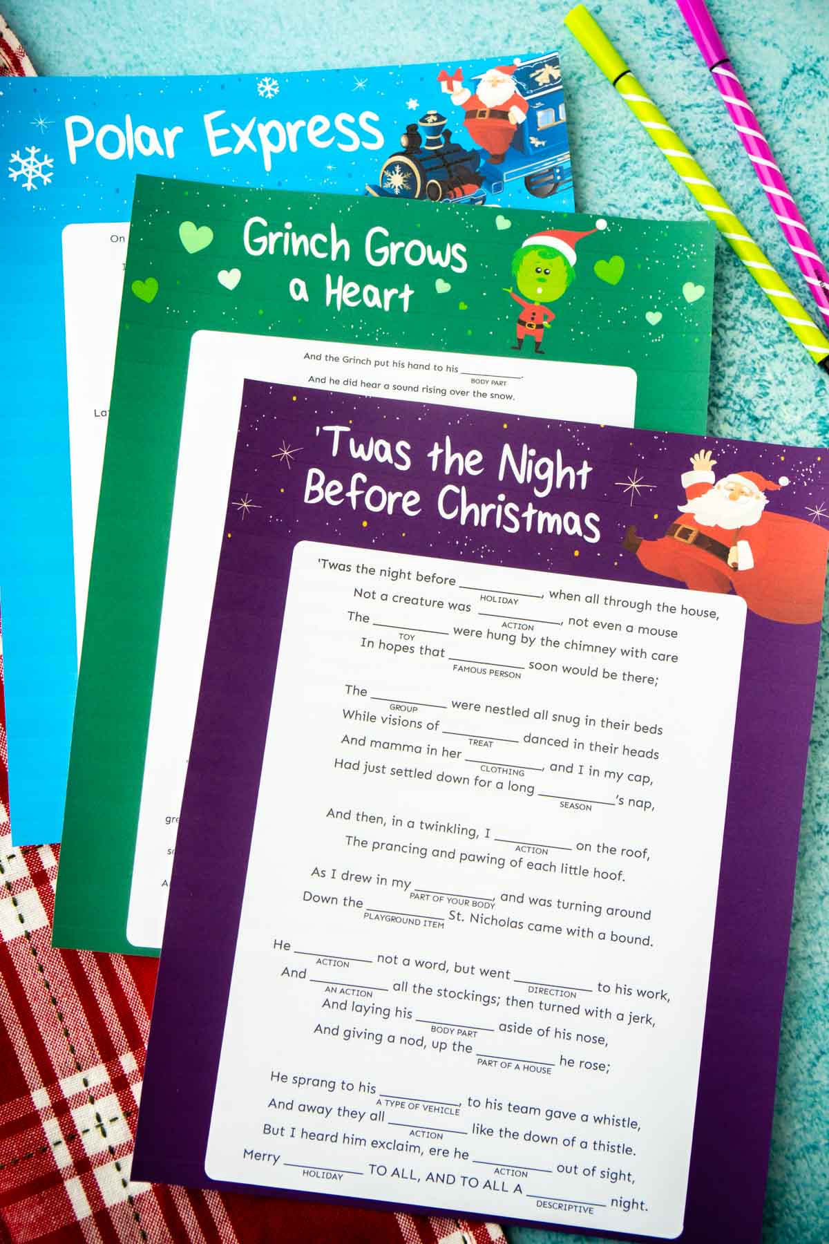 Three printed out Christmas mad libs stories