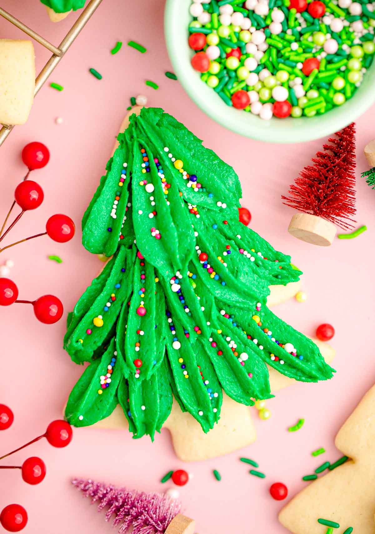 A Christmas tree cookie with sprinkles