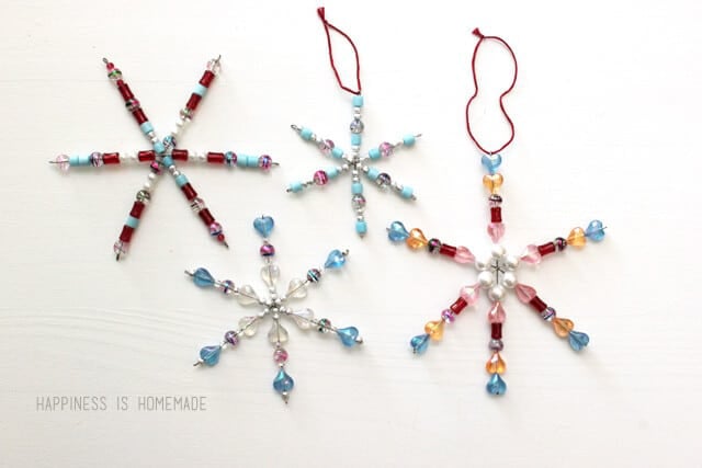 snowflake ornaments made out of beads