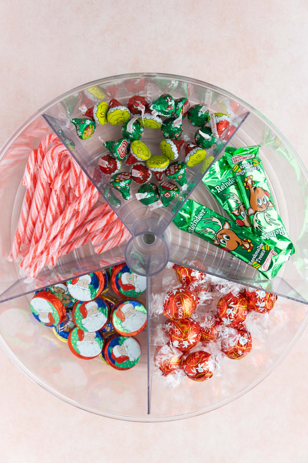 Plastic Lazy Susan full of different types of candy
