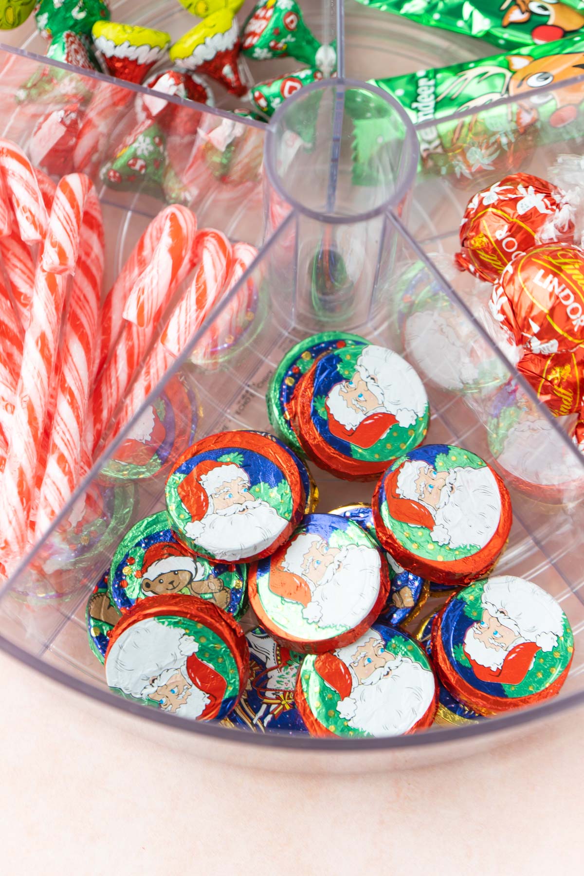 Santa candies in a plastic lazy susan