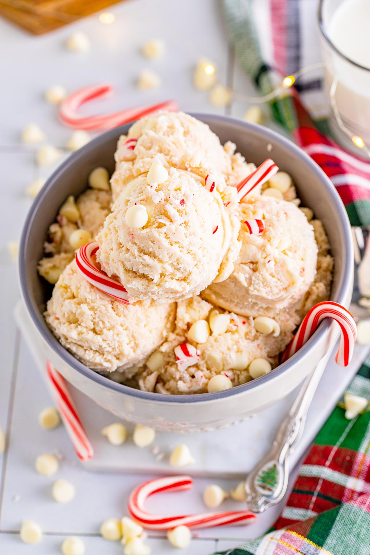 bowl of scoops of edible peppermint sugar cookie dough