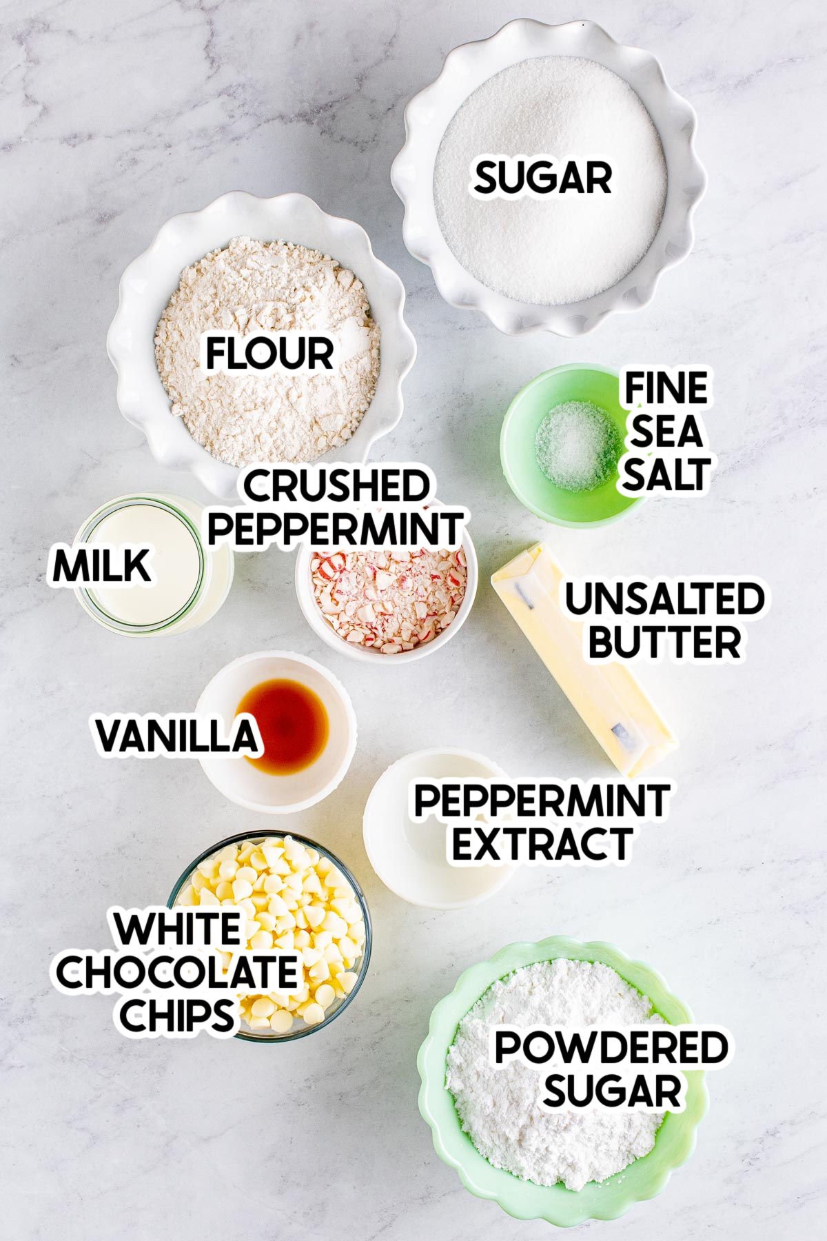 ingredients for peppermint cookie dough with labels