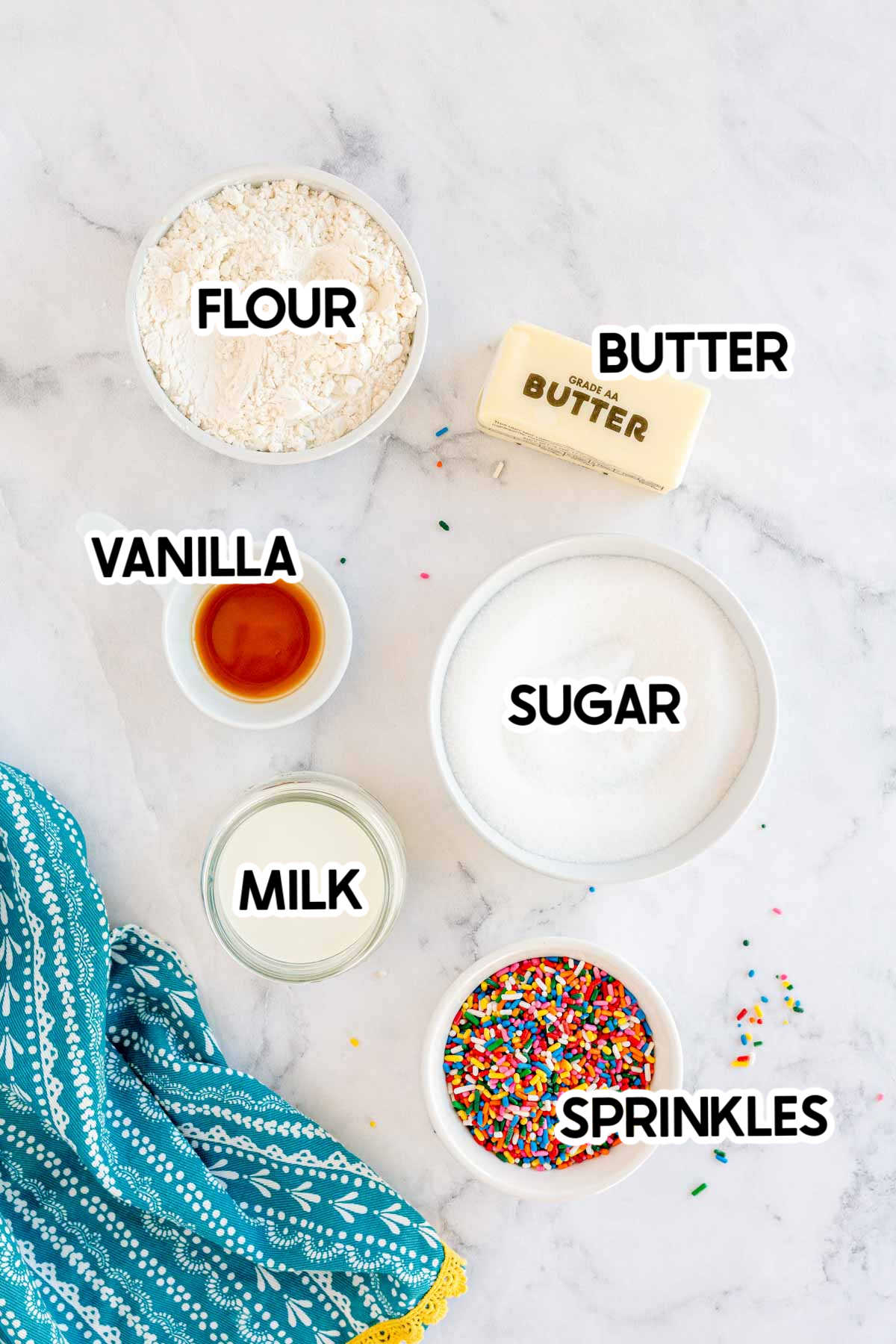 ingredients for edible sugar cookie dough with labels