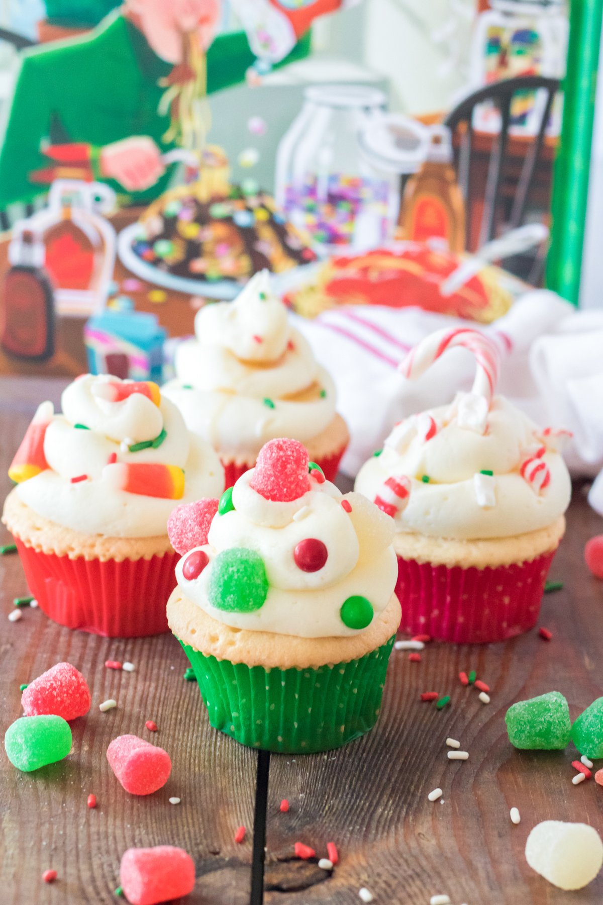 Elf cupcakes in front of an Elf book