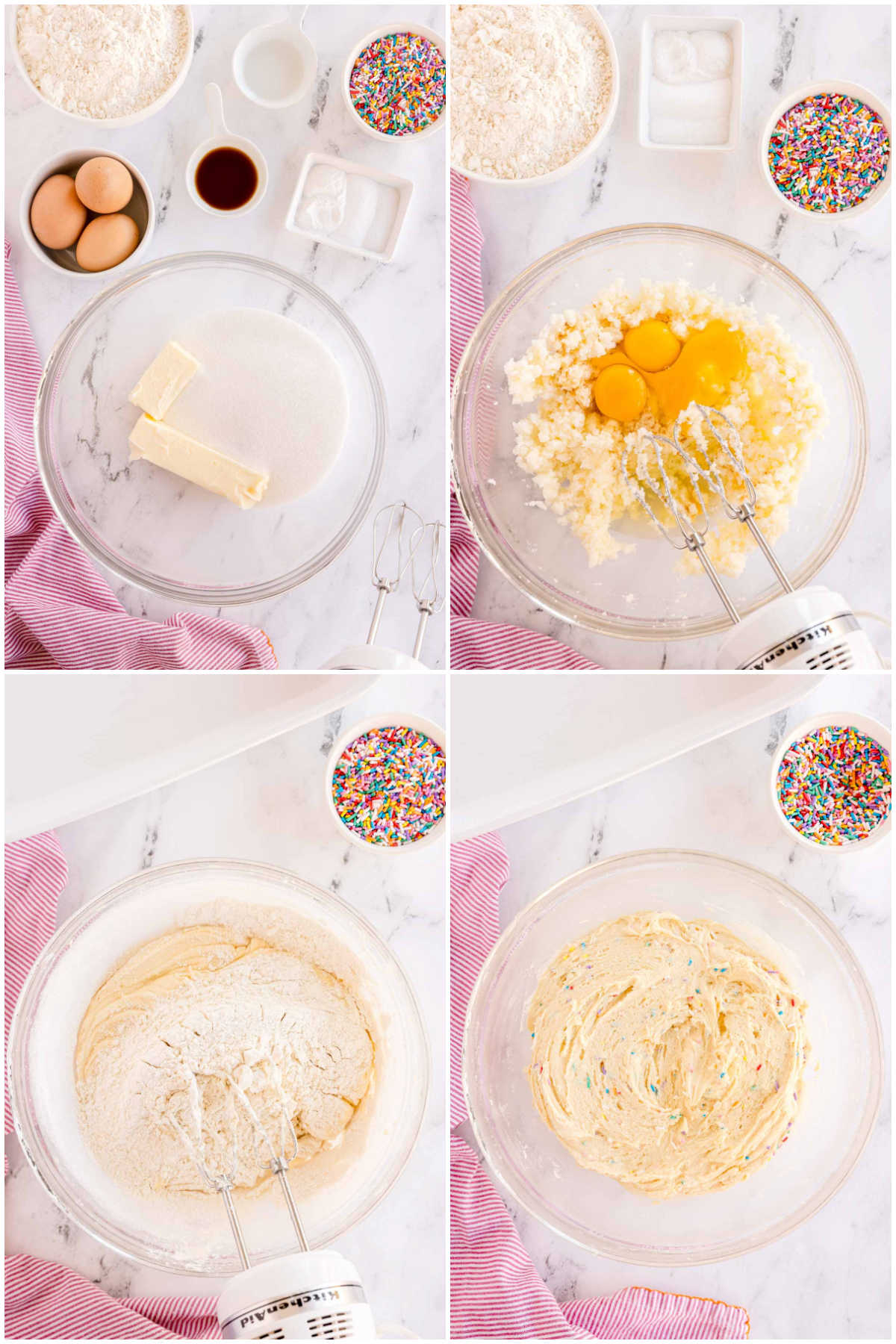 four images showing the process of making the dough for sugar cookie bars