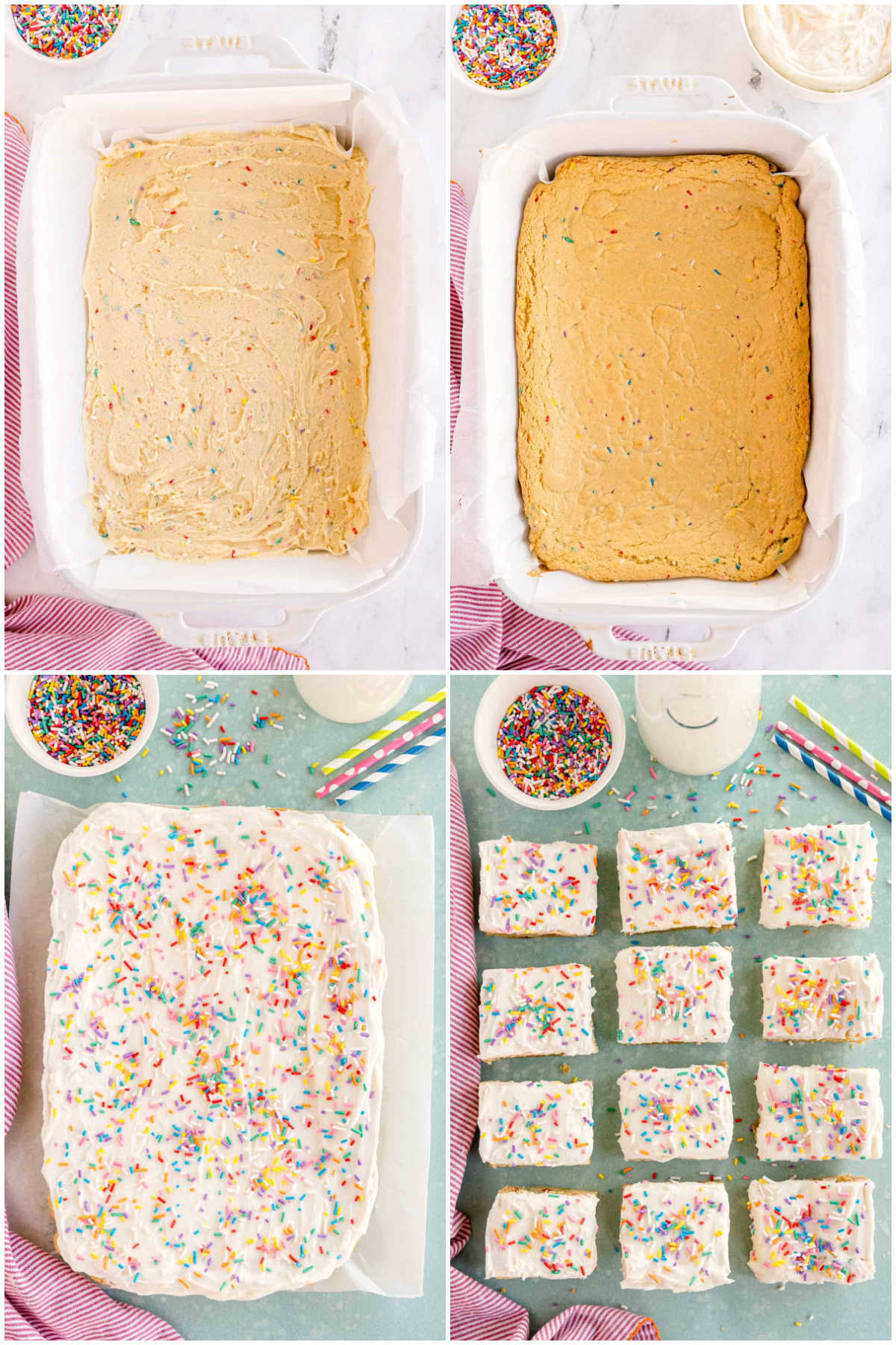 four images showing the process of frosting sugar cookie bars