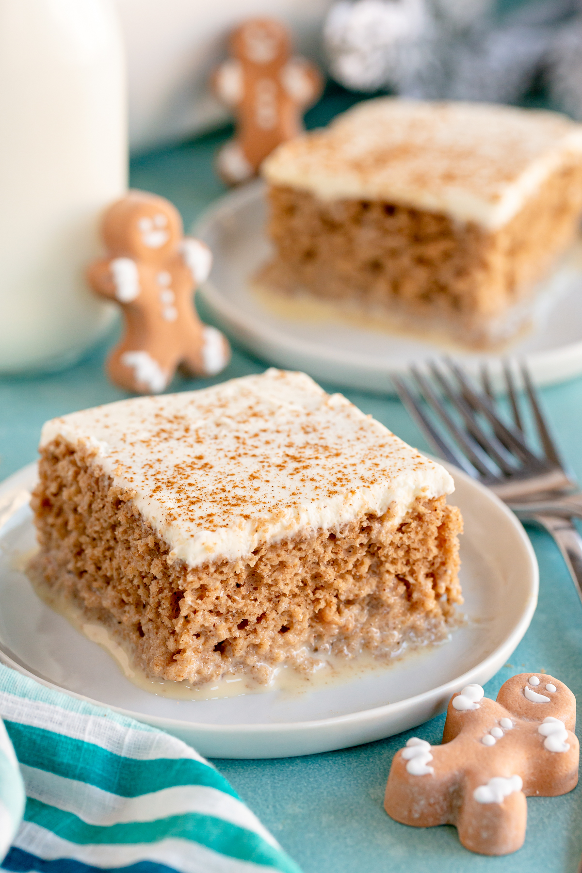 Piece of gingerbread tres leches cake