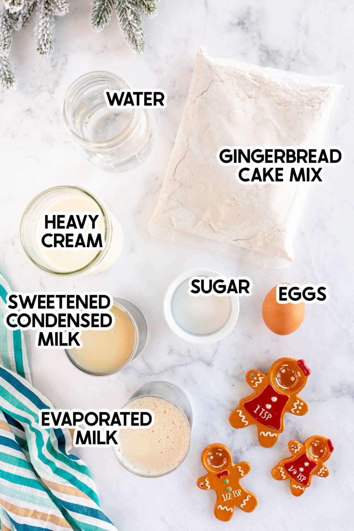 ingredients for gingerbread tres leches with labels