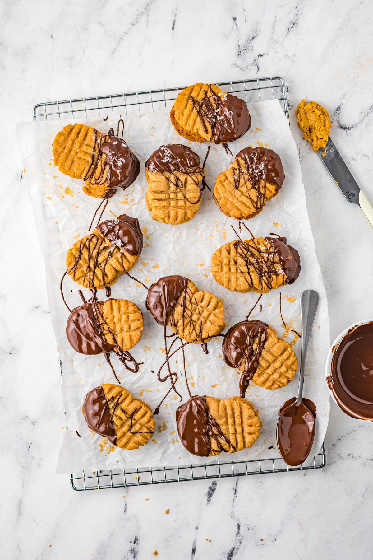 homemade nutter butters drizzled with chocolate