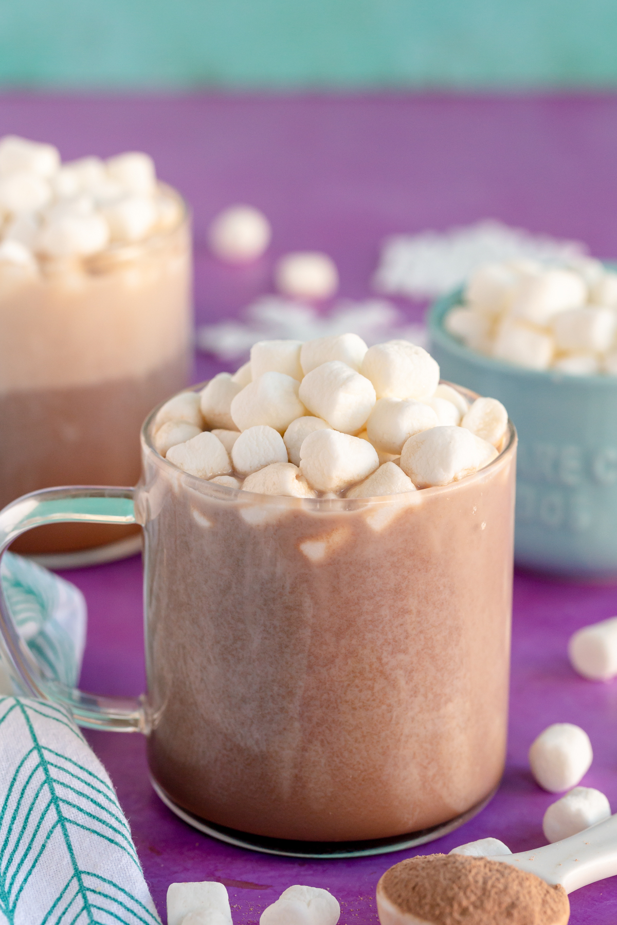 Glass mug with homemade hot chocolate topper with marshmallows
